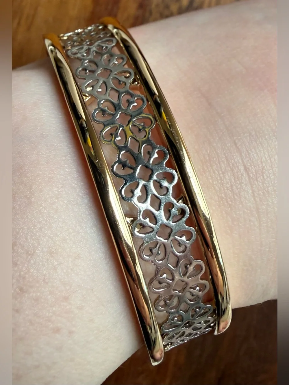 Avon Mixed Metal Silver and Gold-Tone Filigree Two-Tone Cuff Bracelet
